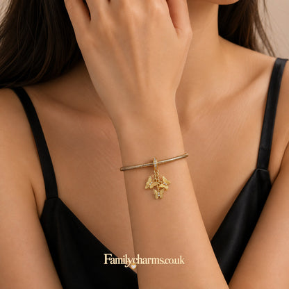 Golden Triple Butterfly Dangle Sterling Silver Charm Hallmarked S925 for Charm Bracelet and Necklace