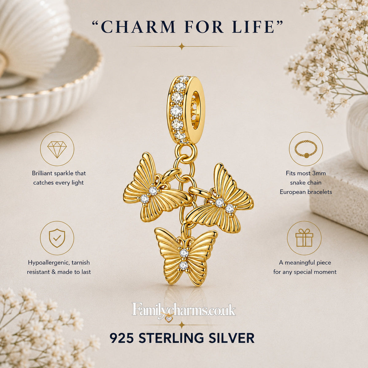 Golden Triple Butterfly Dangle Sterling Silver Charm Hallmarked S925 for Charm Bracelet and Necklace