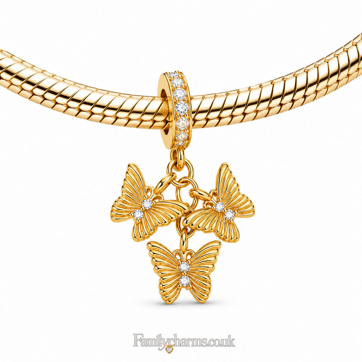 Golden Triple Butterfly Dangle Sterling Silver Charm Hallmarked S925 for Charm Bracelet and Necklace