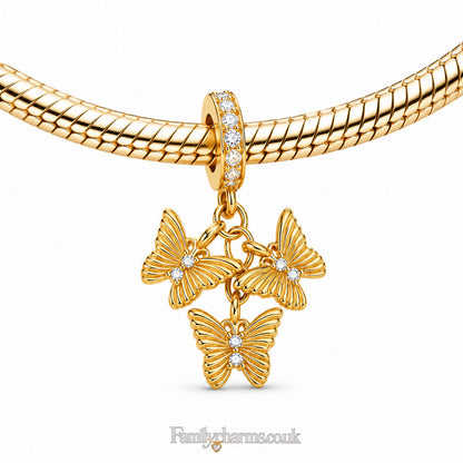 Golden Triple Butterfly Dangle Sterling Silver Charm Hallmarked S925 for Charm Bracelet and Necklace