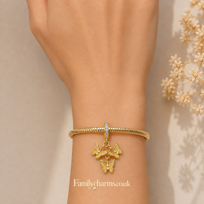 Golden Triple Butterfly Dangle Sterling Silver Charm Hallmarked S925 for Charm Bracelet and Necklace