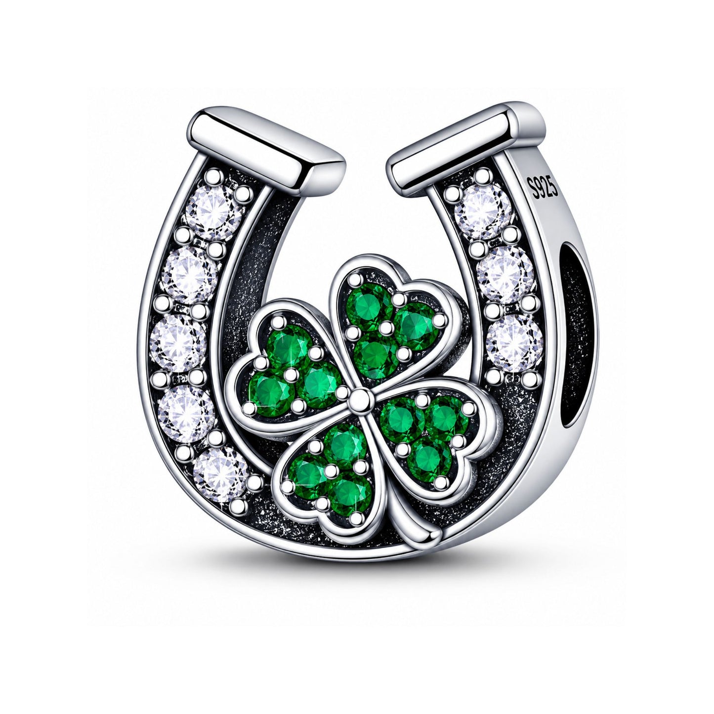 Lucky Crystal Horseshoe Four Leaf Clover Sterling Silver Charm Hallmarked S925 for Charm Bracelet and Necklace