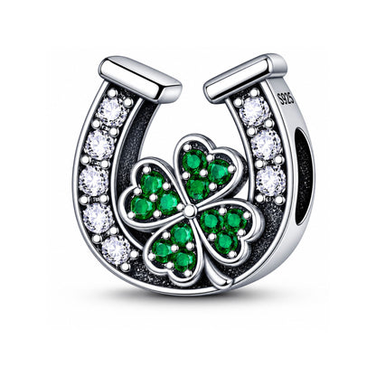 Lucky Crystal Horseshoe Four Leaf Clover Sterling Silver Charm Hallmarked S925 for Charm Bracelet and Necklace