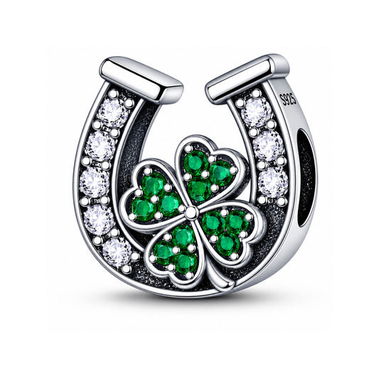 Lucky Crystal Horseshoe Four Leaf Clover Sterling Silver Charm Hallmarked S925 for Charm Bracelet and Necklace