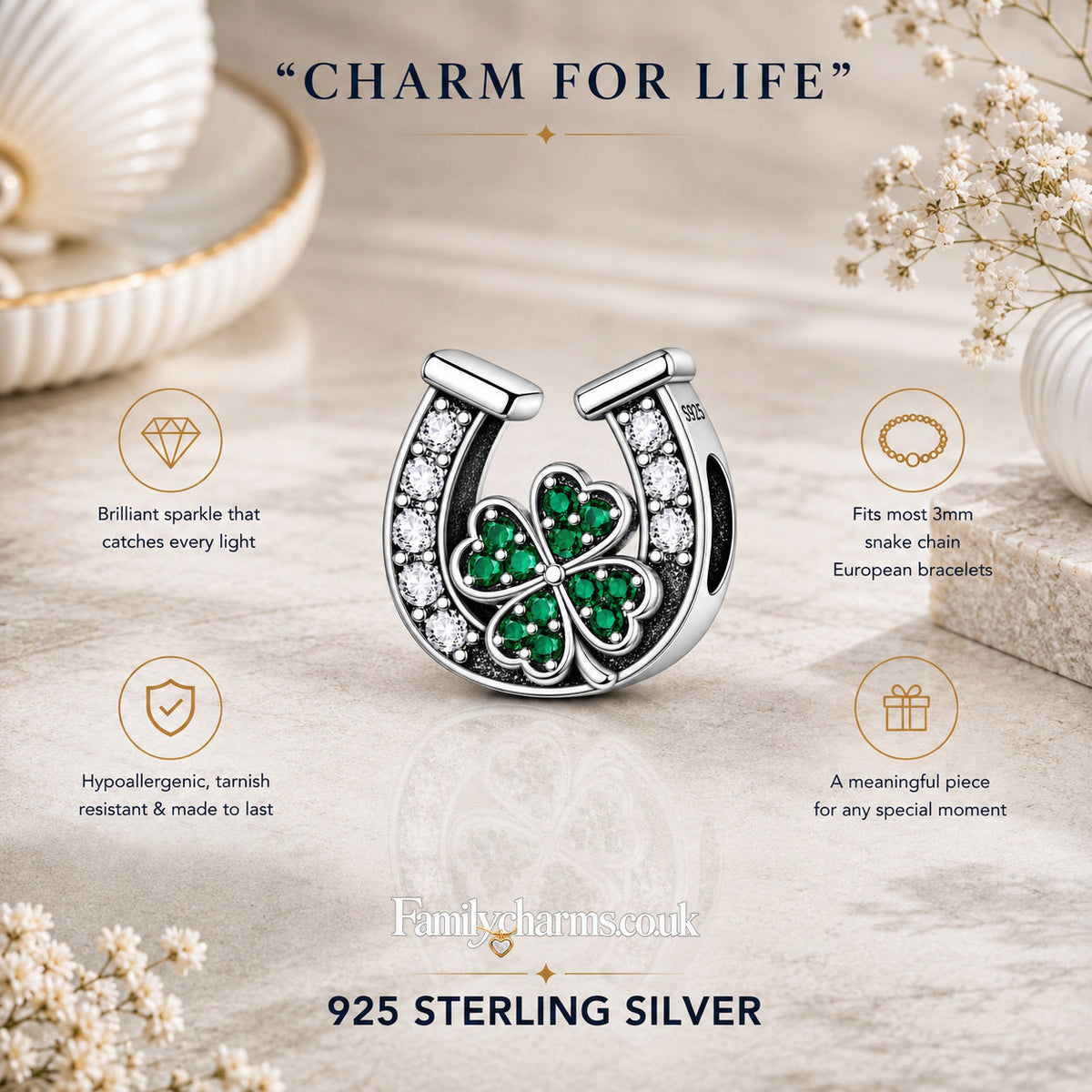 Lucky Crystal Horseshoe Four Leaf Clover Sterling Silver Charm Hallmarked S925 for Charm Bracelet and Necklace