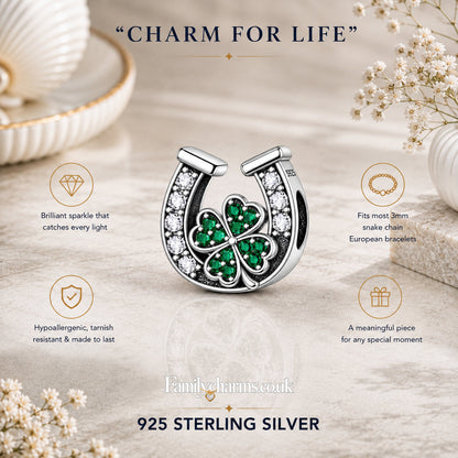 Lucky Crystal Horseshoe Four Leaf Clover Sterling Silver Charm Hallmarked S925 for Charm Bracelet and Necklace