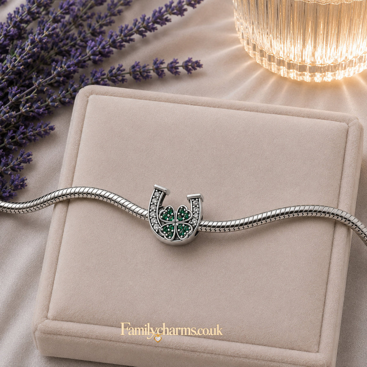 Lucky Crystal Horseshoe Four Leaf Clover Sterling Silver Charm Hallmarked S925 for Charm Bracelet and Necklace