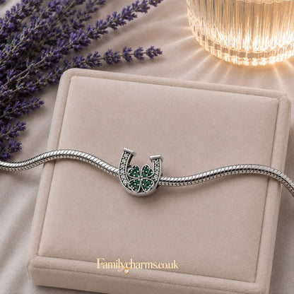 Lucky Crystal Horseshoe Four Leaf Clover Sterling Silver Charm Hallmarked S925 for Charm Bracelet and Necklace
