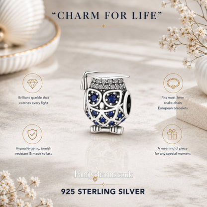 Owl Graduation Sterling Silver Charm Hallmarked S925 for Charm Bracelet and Necklace