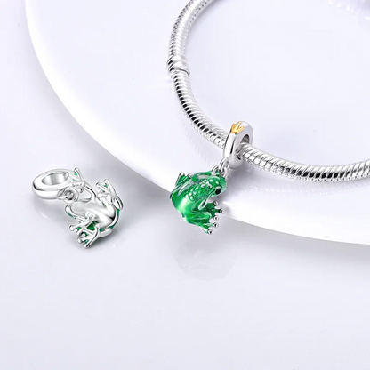 Green Frog Dangle Sterling Silver Charm Hallmarked S925 for Charm Bracelet and Necklace