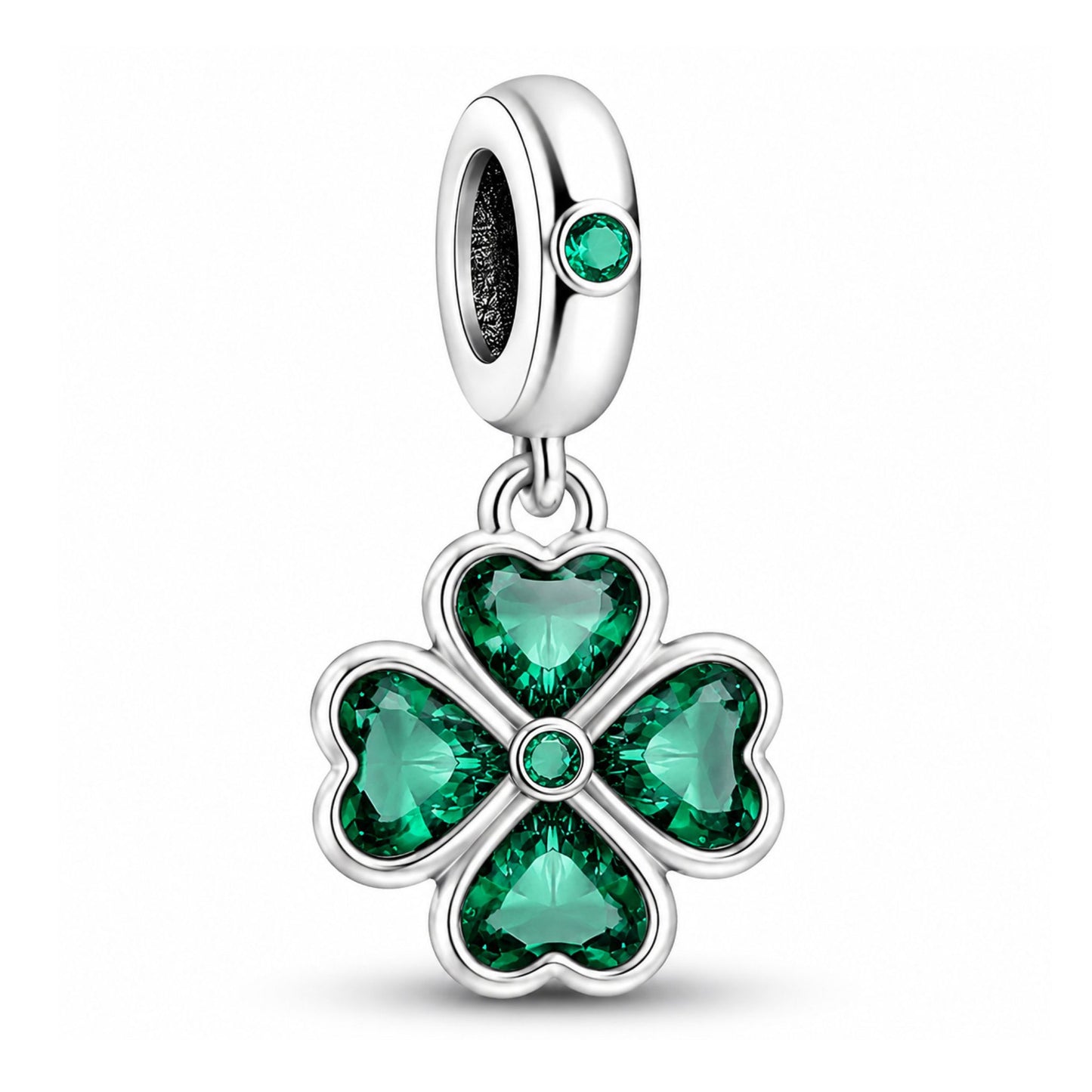 Green Four-Leaf Clover Dangle Sterling Silver Charm Hallmarked S925 for Charm Bracelet and Necklace