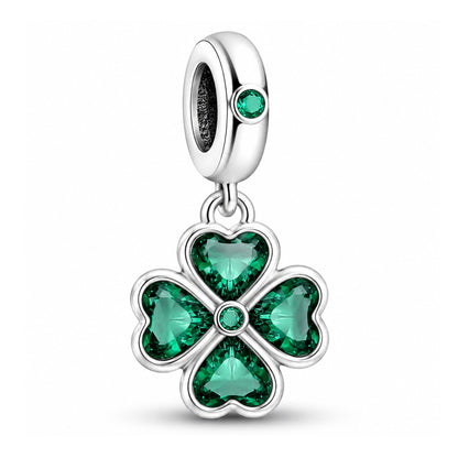 Green Four-Leaf Clover Dangle Sterling Silver Charm Hallmarked S925 for Charm Bracelet and Necklace