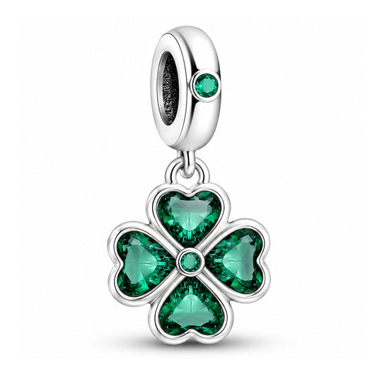 Green Four-Leaf Clover Dangle Sterling Silver Charm Hallmarked S925 for Charm Bracelet and Necklace