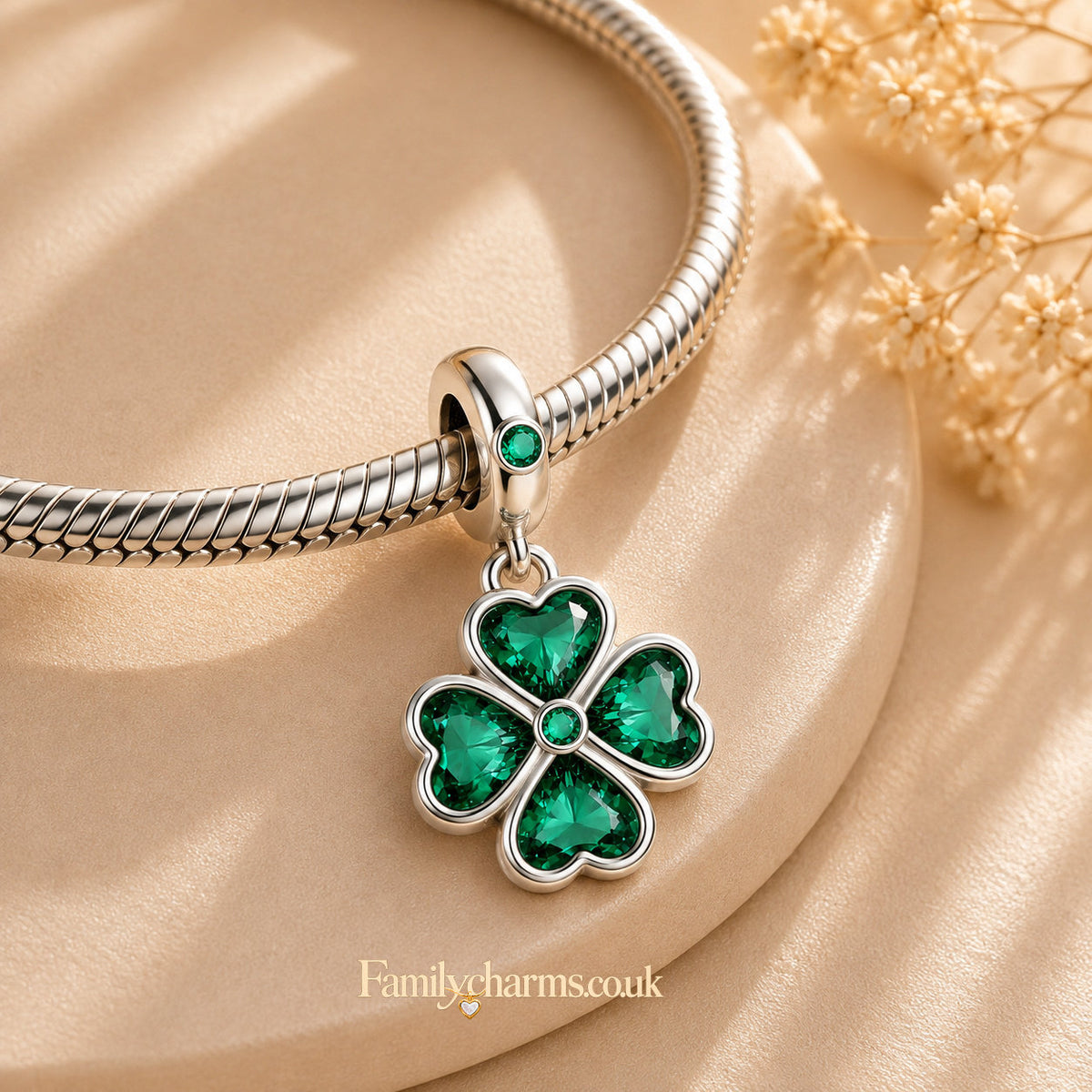 Green Four-Leaf Clover Dangle Sterling Silver Charm Hallmarked S925 for Charm Bracelet and Necklace
