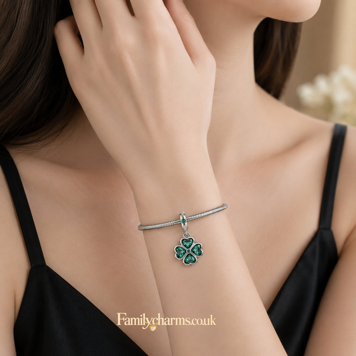 Green Four-Leaf Clover Dangle Sterling Silver Charm Hallmarked S925 for Charm Bracelet and Necklace
