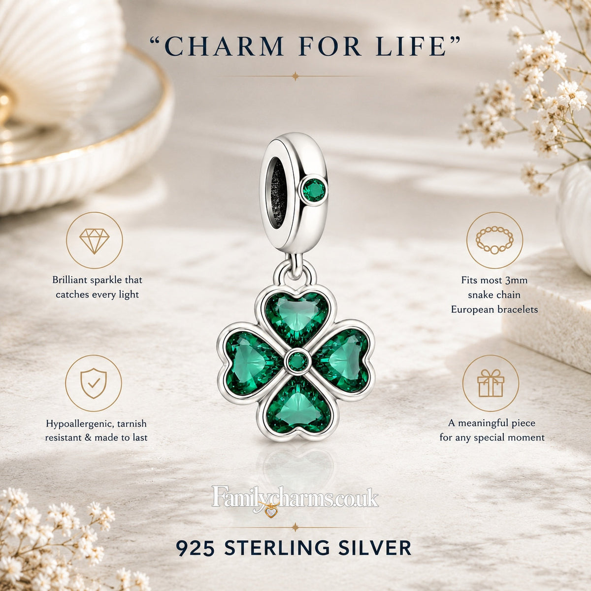 Green Four-Leaf Clover Dangle Sterling Silver Charm Hallmarked S925 for Charm Bracelet and Necklace