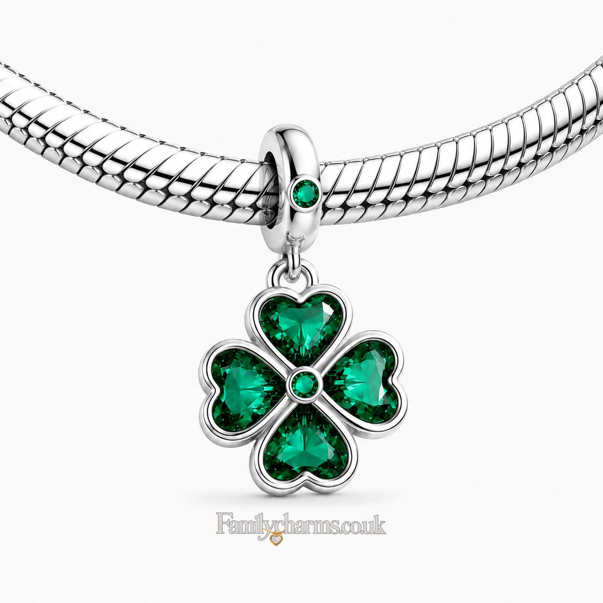 Green Four-Leaf Clover Dangle Sterling Silver Charm Hallmarked S925 for Charm Bracelet and Necklace