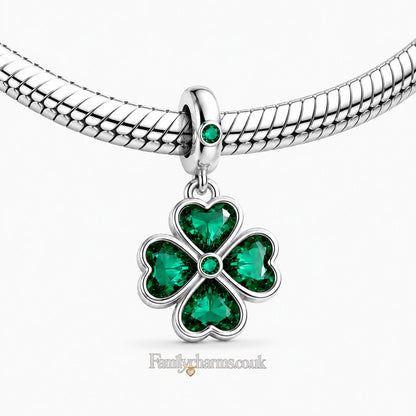 Green Four-Leaf Clover Dangle Sterling Silver Charm Hallmarked S925 for Charm Bracelet and Necklace