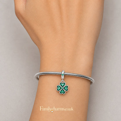 Green Four-Leaf Clover Dangle Sterling Silver Charm Hallmarked S925 for Charm Bracelet and Necklace