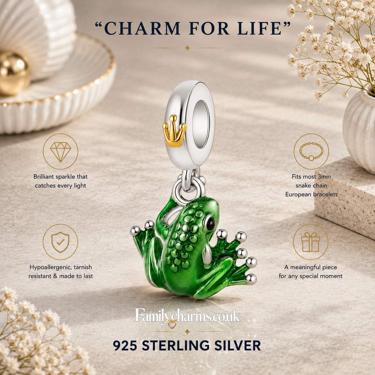 Green Frog Dangle Sterling Silver Charm Hallmarked S925 for Charm Bracelet and Necklace