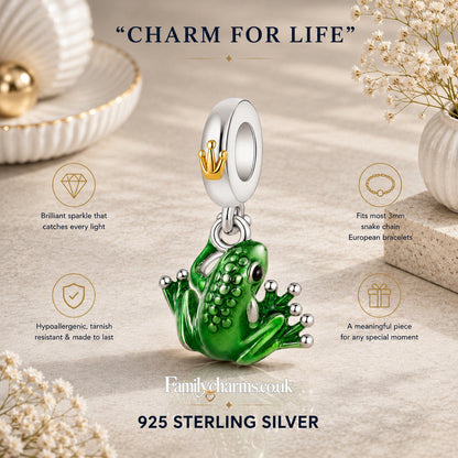 Green Frog Dangle Sterling Silver Charm Hallmarked S925 for Charm Bracelet and Necklace