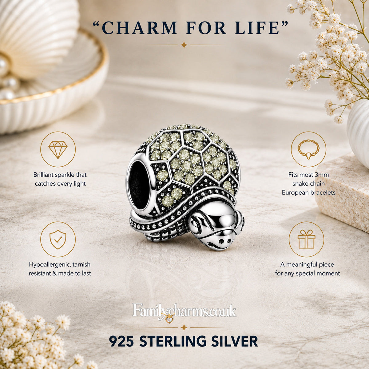 Sparkling Green Turtle Sterling Silver Charm Hallmarked S925 for Charm Bracelet and Necklace
