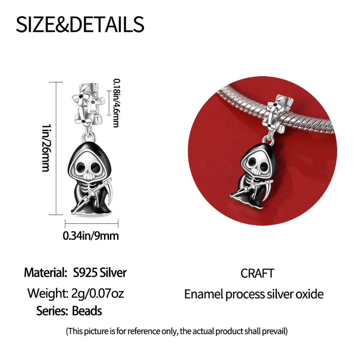 Grim Reaper Dangle Sterling Silver Charm Hallmarked S925 for Charm Bracelet and Necklace