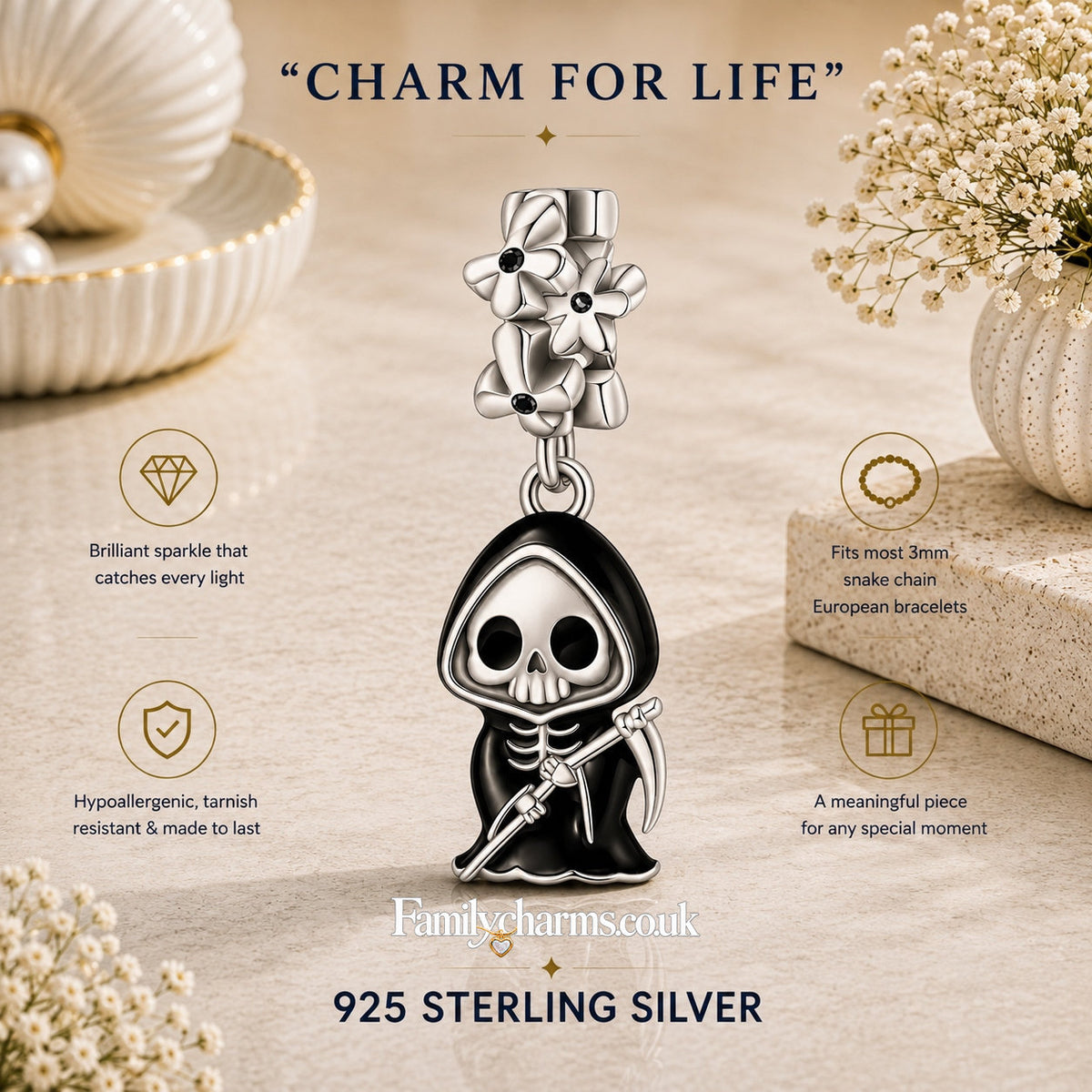 Grim Reaper Dangle Sterling Silver Charm Hallmarked S925 for Charm Bracelet and Necklace