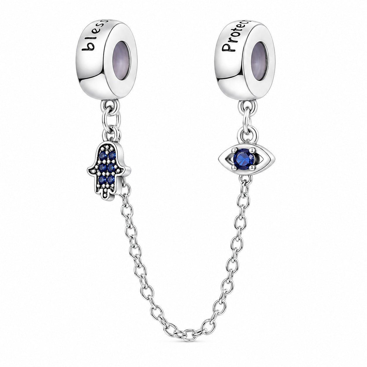 Hamsa Hand Evil Eye Protective Safety Chain Charm for Bracelet, S925 Sterling Silver