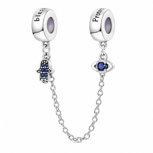 Hamsa Hand Evil Eye Protective Safety Chain Charm for Bracelet, S925 Sterling Silver