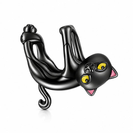 Yellow Eyed Black Cat Sterling Silver Charm Hallmarked S925 for Charm Bracelet and Necklace