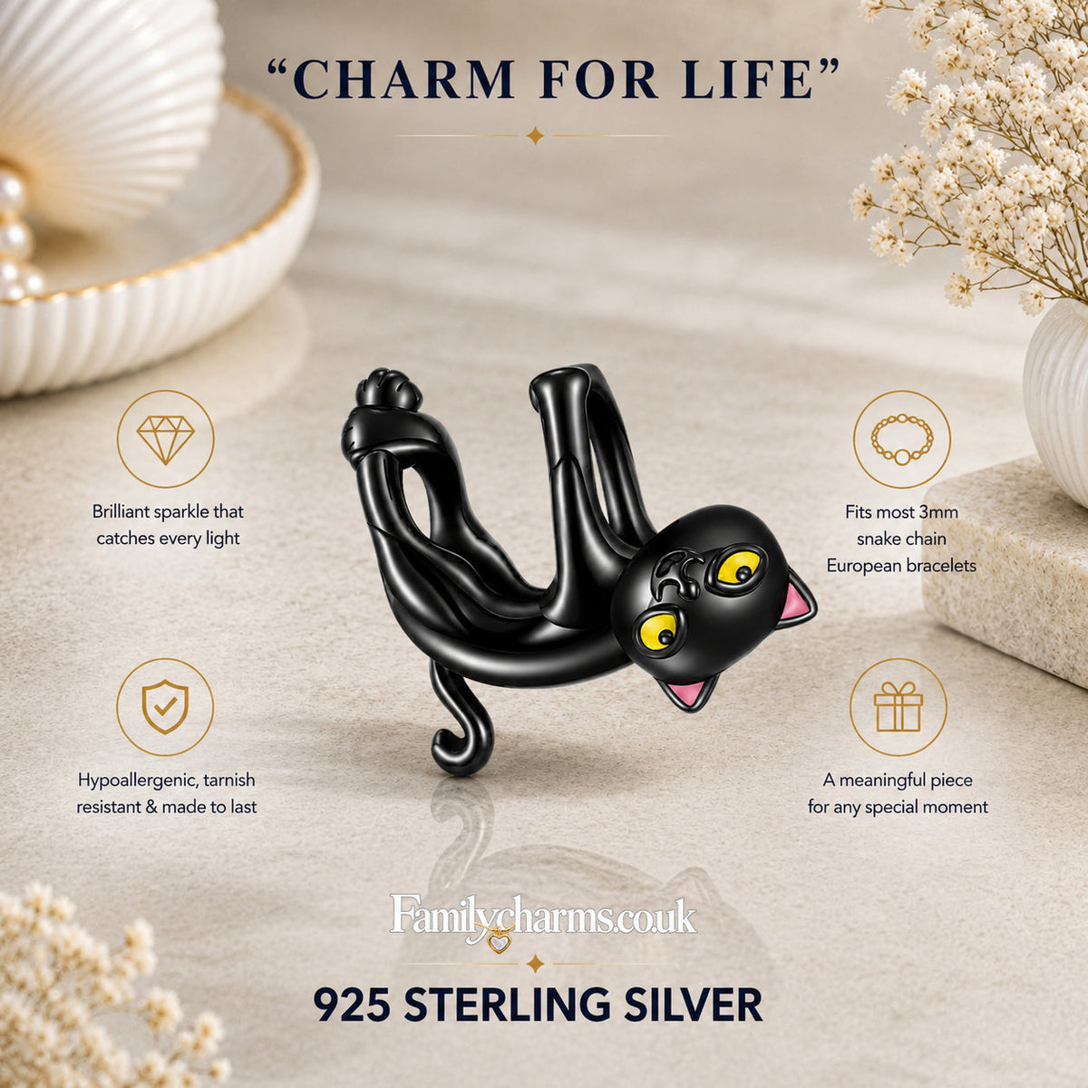 Yellow Eyed Black Cat Sterling Silver Charm Hallmarked S925 for Charm Bracelet and Necklace