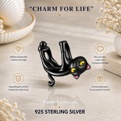 Yellow Eyed Black Cat Sterling Silver Charm Hallmarked S925 for Charm Bracelet and Necklace