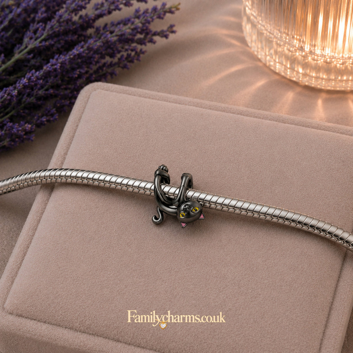 Yellow Eyed Black Cat Sterling Silver Charm Hallmarked S925 for Charm Bracelet and Necklace