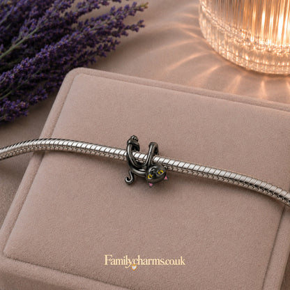Yellow Eyed Black Cat Sterling Silver Charm Hallmarked S925 for Charm Bracelet and Necklace