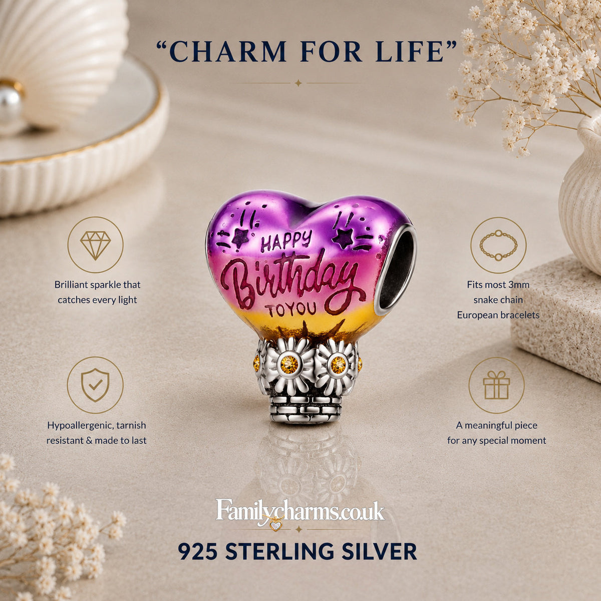 Happy Birthday Balloon Sterling Silver Charm Hallmarked S925 for Charm Bracelet and Necklace