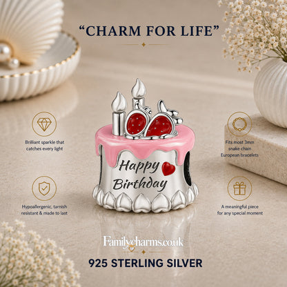 Happy Birthday Cake Dangle Sterling Silver Charm Hallmarked S925 for Charm Bracelet and Necklace