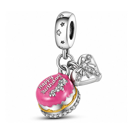 Happy Birthday Pink Cake Sterling Silver Charm Hallmarked S925 for Charm Bracelet and Necklace