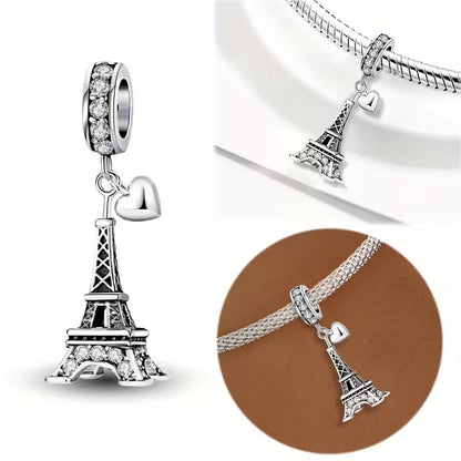 Heart-Shaped Eiffel Tower Sterling Silver Charm Hallmarked S925 for Charm Bracelet and Necklace