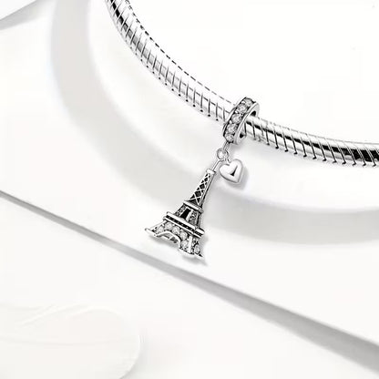 Heart-Shaped Eiffel Tower Sterling Silver Charm Hallmarked S925 for Charm Bracelet and Necklace
