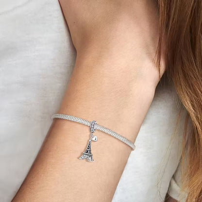 Heart-Shaped Eiffel Tower Sterling Silver Charm Hallmarked S925 for Charm Bracelet and Necklace