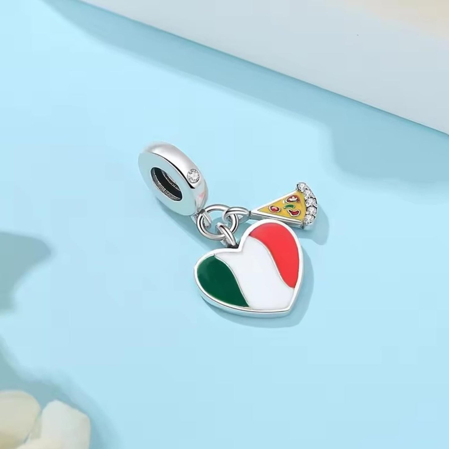 Italy Flag Heart Dangle Sterling Silver Charm Hallmarked S925 for Charm Bracelet and Necklace