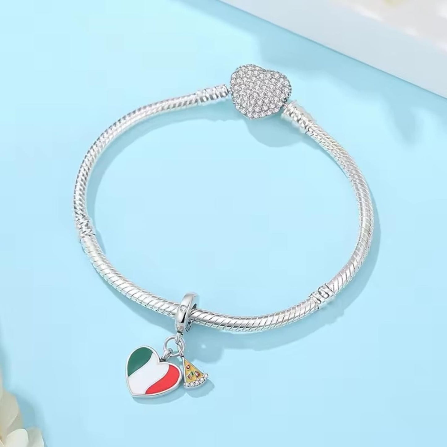 Italy Flag Heart Dangle Sterling Silver Charm Hallmarked S925 for Charm Bracelet and Necklace