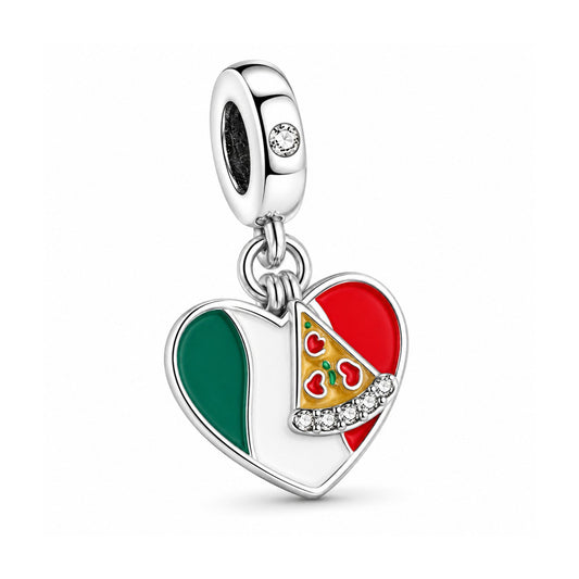 Italy Flag Heart Dangle Sterling Silver Charm Hallmarked S925 for Charm Bracelet and Necklace