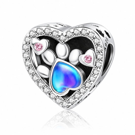 Heart-Shaped Dog Paw-Print Sterling Silver Charm Hallmarked S925 for Charm Bracelet and Necklace