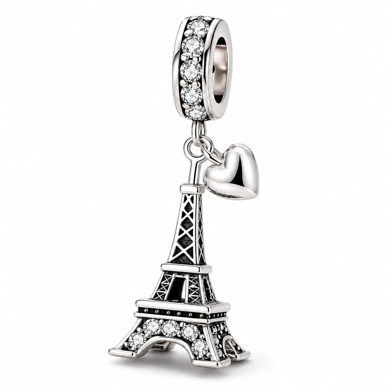 Heart-Shaped Eiffel Tower Sterling Silver Charm Hallmarked S925 for Charm Bracelet and Necklace