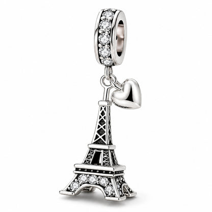 Heart-Shaped Eiffel Tower Sterling Silver Charm Hallmarked S925 for Charm Bracelet and Necklace