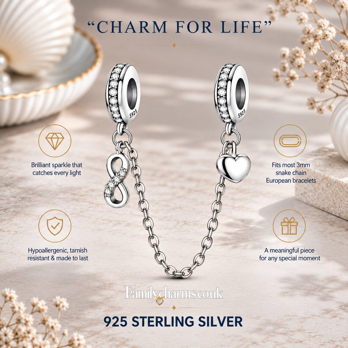 Infinity Heart Safety Chain Sterling Silver Charm Hallmarked S925 for Charm Bracelet and Necklace