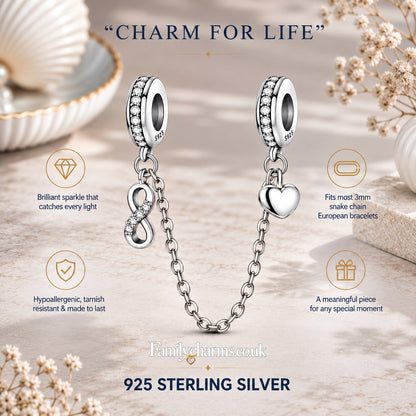 Infinity Heart Safety Chain Sterling Silver Charm Hallmarked S925 for Charm Bracelet and Necklace