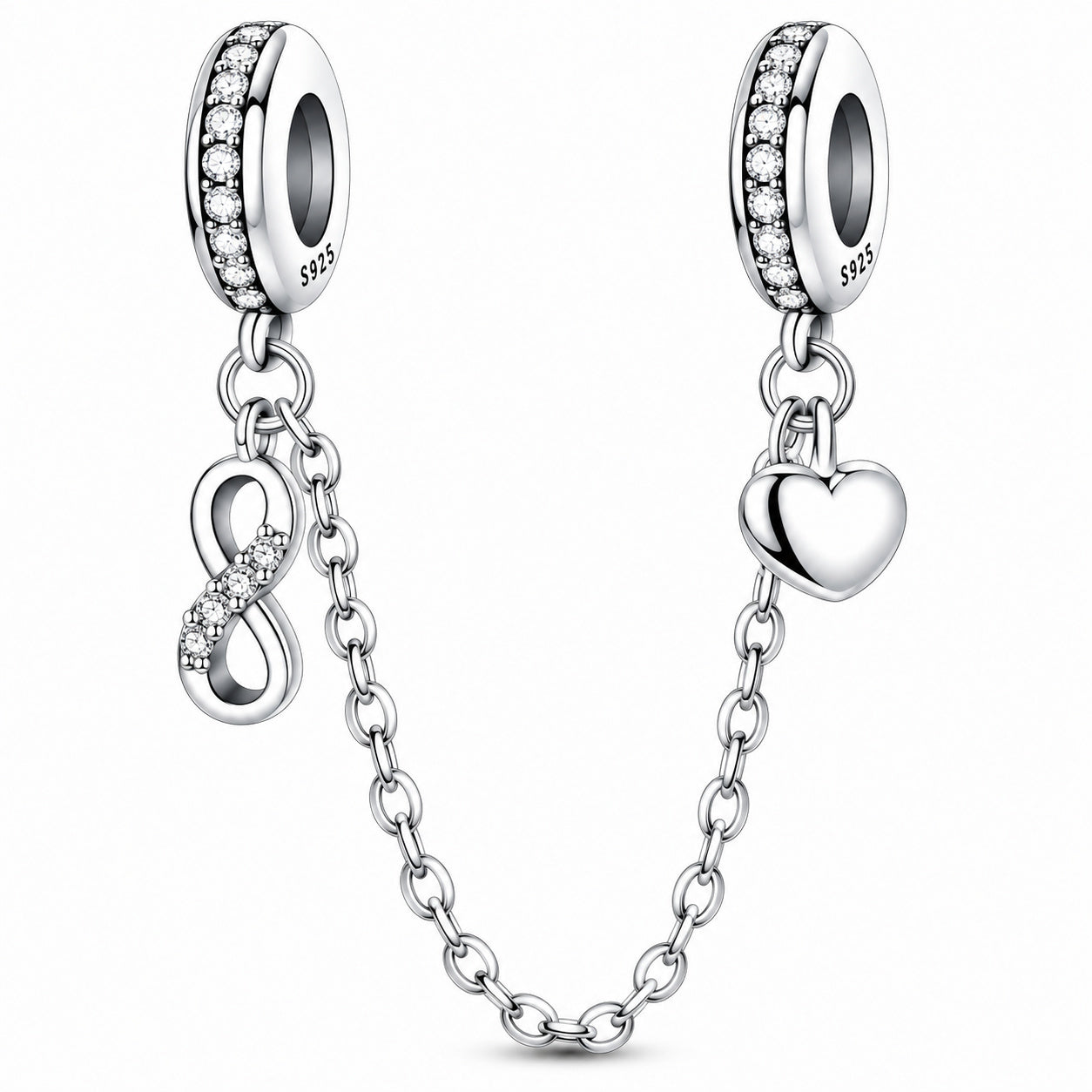 Infinity Heart Safety Chain Sterling Silver Charm Hallmarked S925 for Charm Bracelet and Necklace